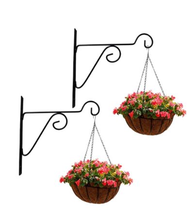 humij wall-mounted metal plant hanger brackets in black, ideal for indoor and outdoor use, perfect for holding flower baskets, pots, and decorative items