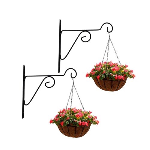 humij wall-mounted metal plant hanger brackets in black, ideal for indoor and outdoor use, perfect for holding flower baskets, pots, and decorative items