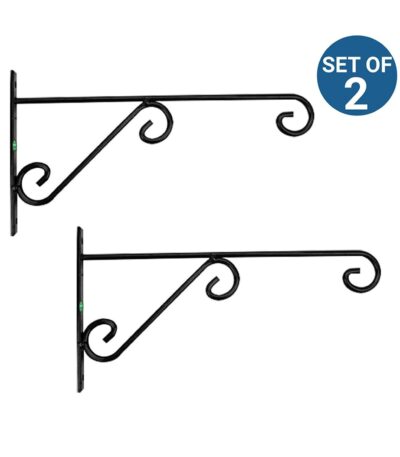 Bhumij wall-mounted metal plant hanger brackets in black, set of 2, ideal for indoor and outdoor use, perfect for holding flower baskets, pots, and decorative item