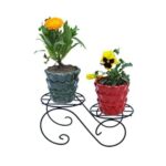 Black two-tier plant stand with a 17x8x7 inch design, featuring a sleek powder-coated anti-rust finish, suitable for indoor and outdoor plants