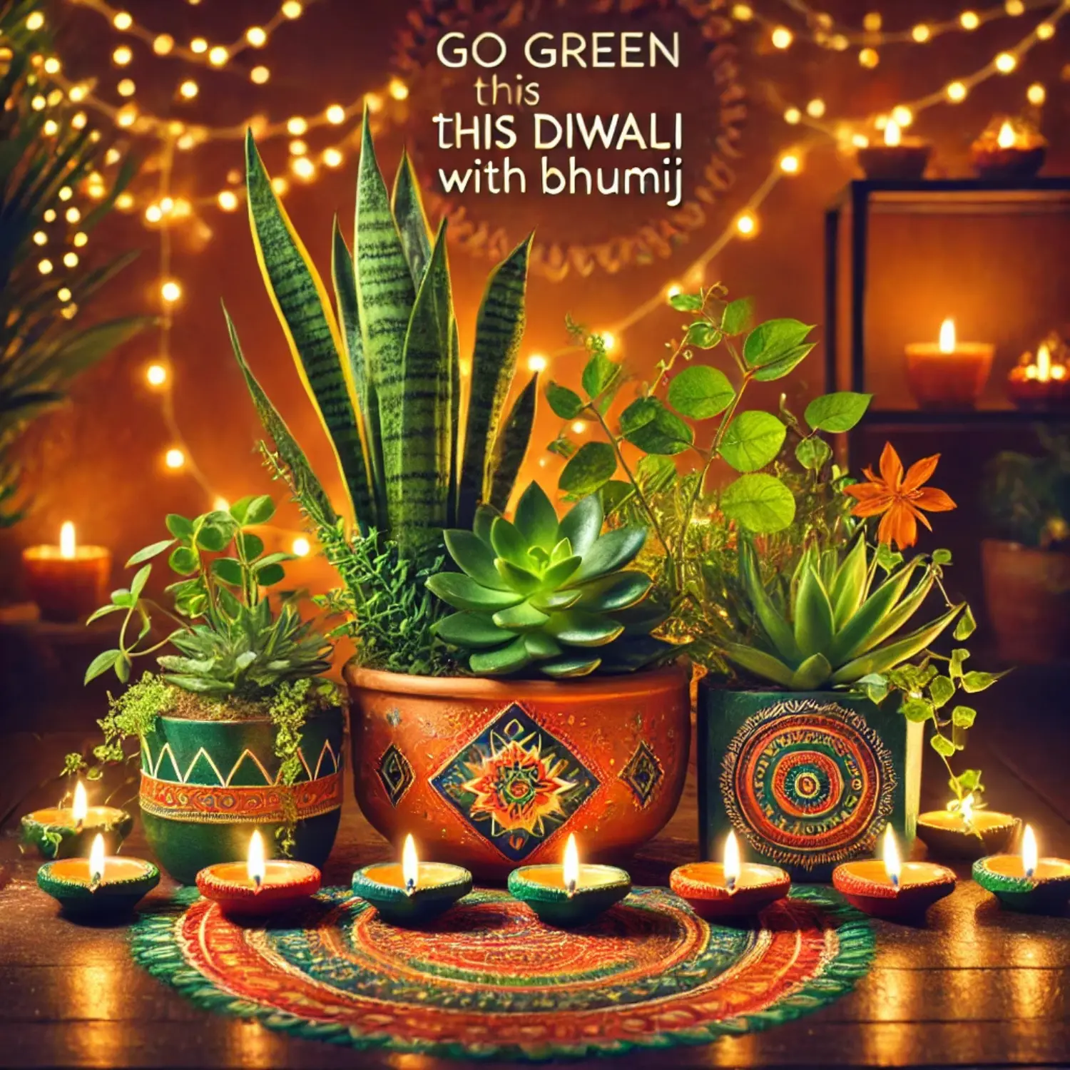 Green plants in a diwali setting with diyas, rangoli and fairy lights. Also contain text "Go green this diwali with bhumij".